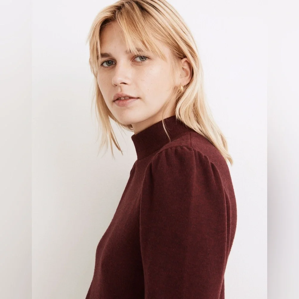 Madewell Plush Mockneck Puff-Sleeve Burgundy Top Size Small - Picture 2 of 9